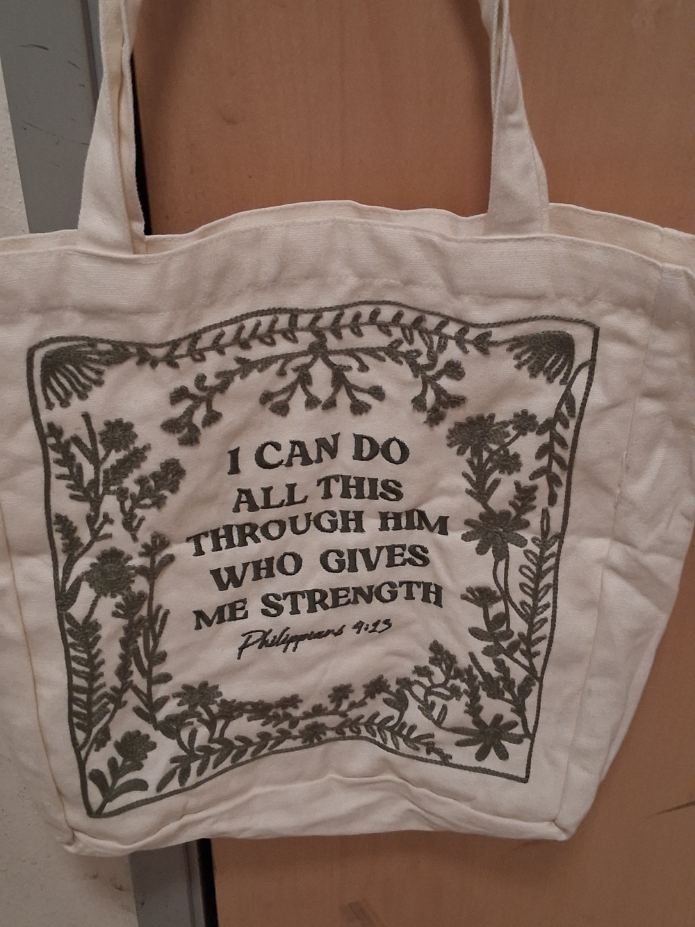 Canvas Tote Bag with Inspirational Script - Cream with Green Print